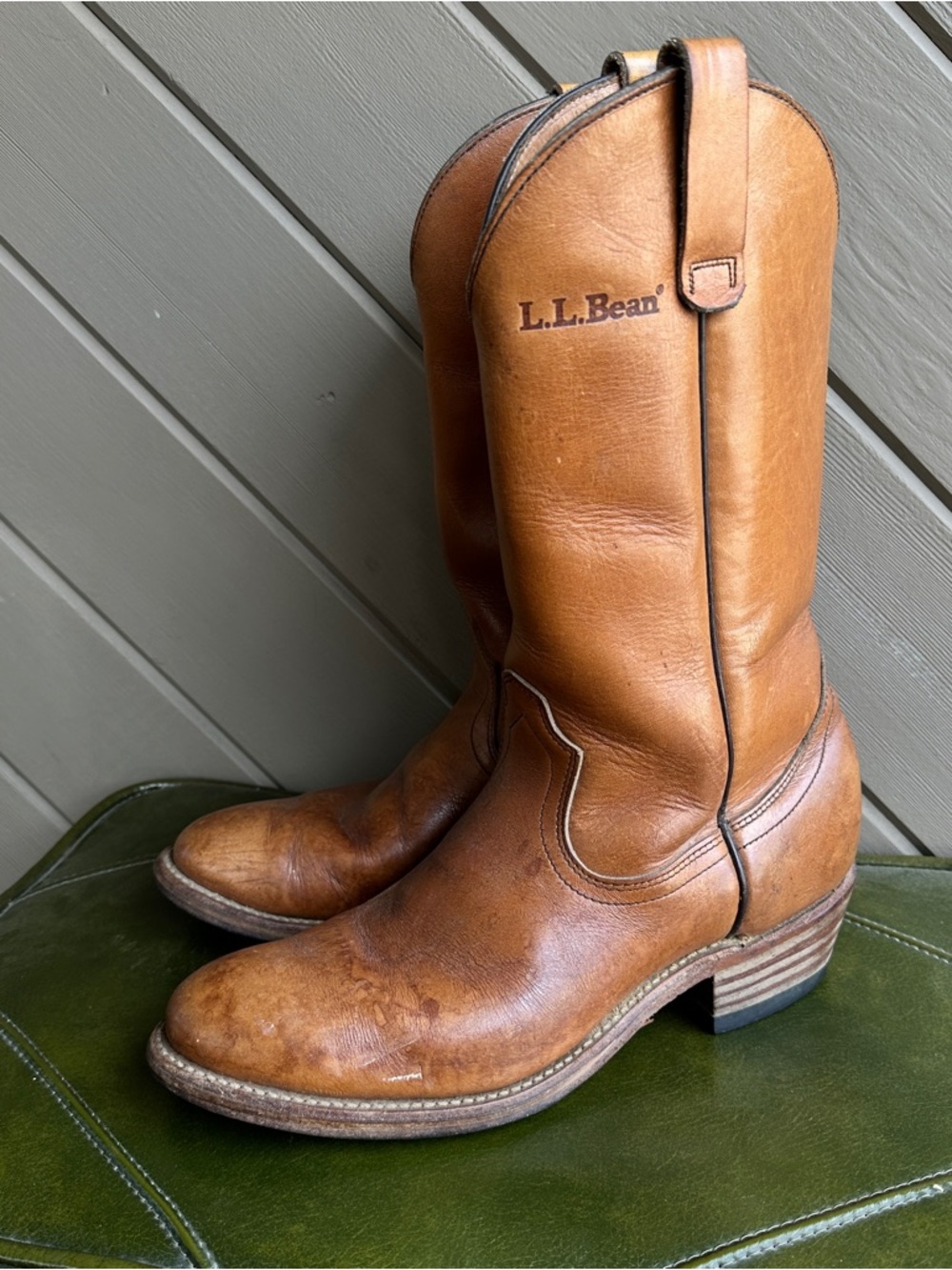 Vintage L.L. Bean Pecos Roper Pull-On Boots Brown Leather Men's US Sz 9B